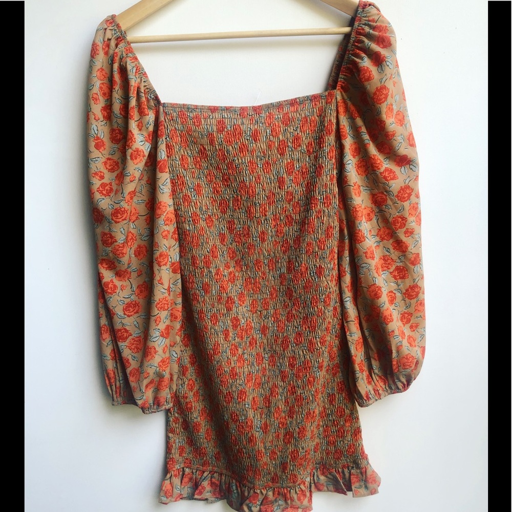BLUSH J SMOCKED BROWN ORANGE TAUPE MINI DRESS NEW